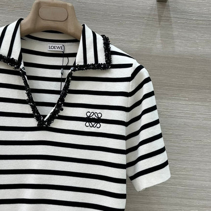 Loewe 25 Striped Knitted Polo Short-sleeved Top White Tencel