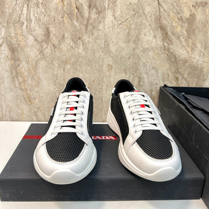 PRA SNEAKER WHITE MIX BLACK CALFSKIN AND MESH FABRIC
