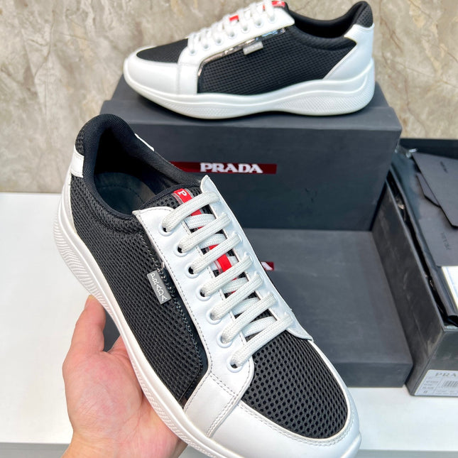 PRA SNEAKER WHITE MIX BLACK CALFSKIN AND MESH FABRIC