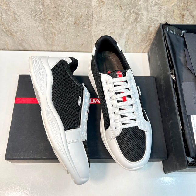 PRA SNEAKER WHITE MIX BLACK CALFSKIN AND MESH FABRIC
