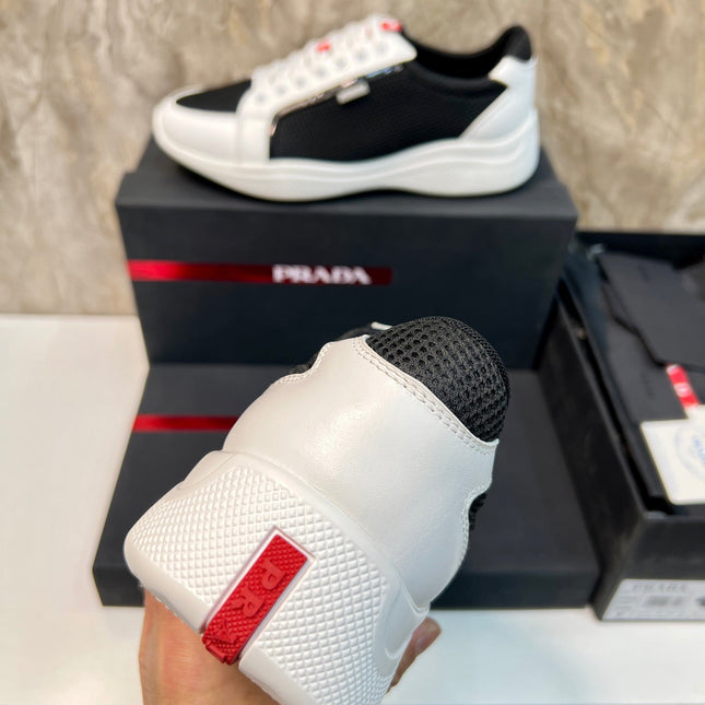 PRA SNEAKER WHITE MIX BLACK CALFSKIN AND MESH FABRIC