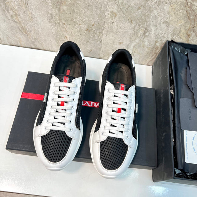 PRA SNEAKER WHITE MIX BLACK CALFSKIN AND MESH FABRIC