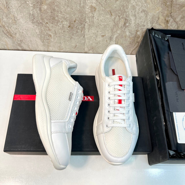 PRA SNEAKER WHITE CALFSKIN AND MESH FABRIC