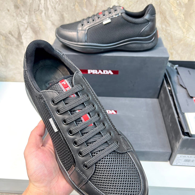 PRA SNEAKER BLACK CALFSKIN AND MESH FABRIC
