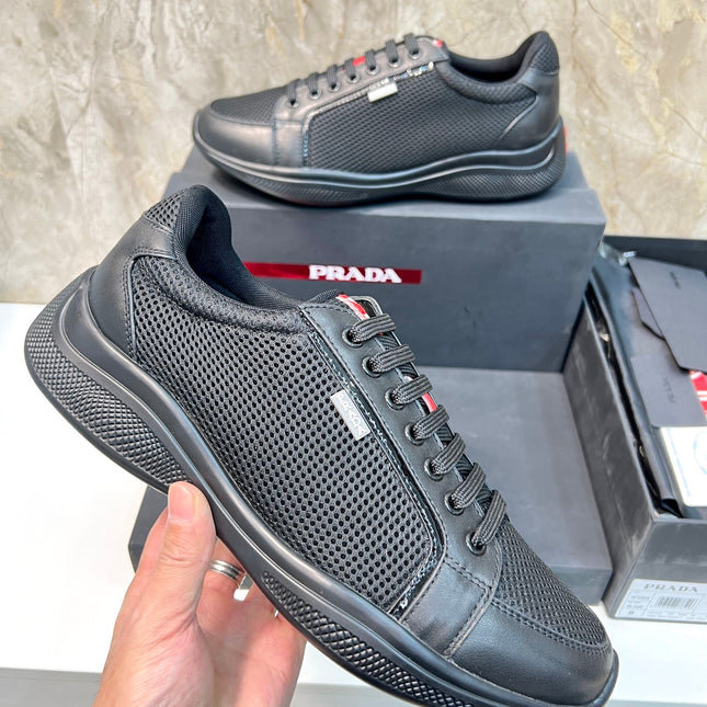 PRA SNEAKER BLACK CALFSKIN AND MESH FABRIC