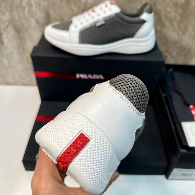PRA SNEAKER WHITE CALFSKIN AND WOOD BROWN MESH FABRIC