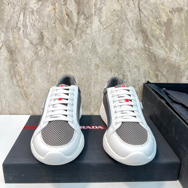 PRA SNEAKER WHITE CALFSKIN AND WOOD BROWN MESH FABRIC