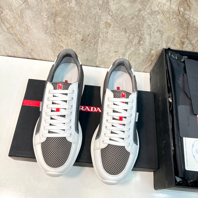 PRA SNEAKER WHITE CALFSKIN AND WOOD BROWN MESH FABRIC