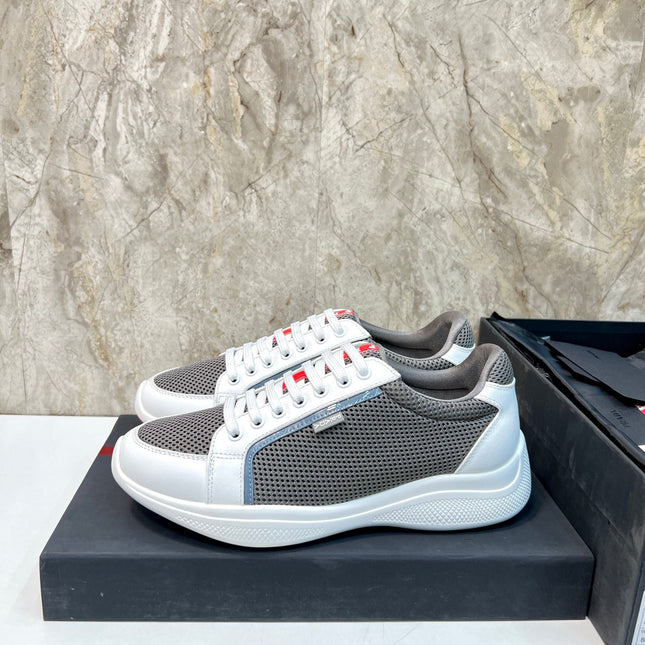 PRA SNEAKER WHITE CALFSKIN AND WOOD BROWN MESH FABRIC