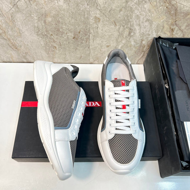 PRA SNEAKER WHITE CALFSKIN AND WOOD BROWN MESH FABRIC