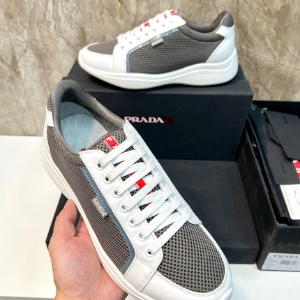 PRA SNEAKER WHITE CALFSKIN AND WOOD BROWN MESH FABRIC
