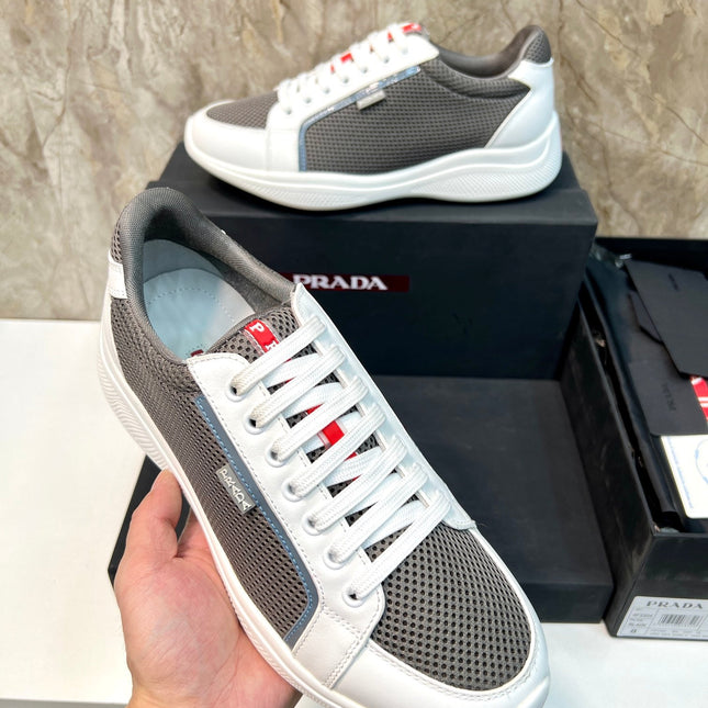 PRA SNEAKER WHITE CALFSKIN AND WOOD BROWN MESH FABRIC