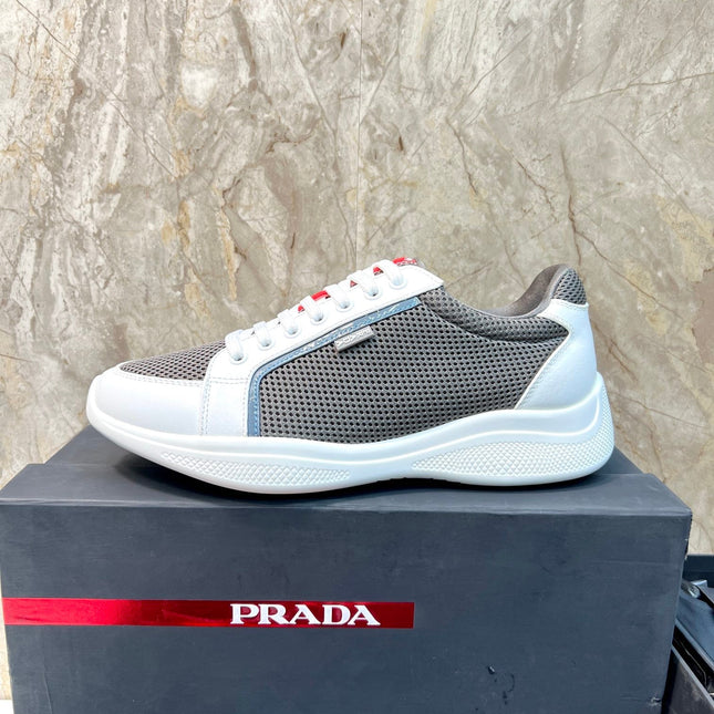 PRA SNEAKER WHITE CALFSKIN AND WOOD BROWN MESH FABRIC