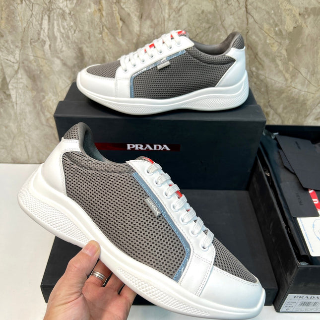 PRA SNEAKER WHITE CALFSKIN AND WOOD BROWN MESH FABRIC