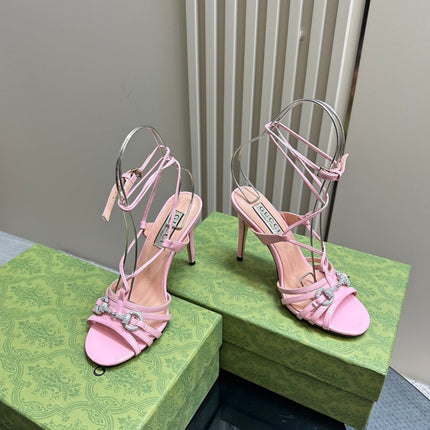 CRYSTAL HORSEBIT STRAPPY SANDAL 10.5CM IN LIGHT PINK PATENT LEATHER