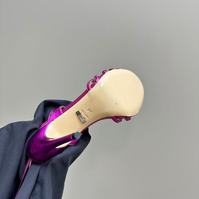 CRYSTAL HORSEBIT STRAPPY SANDAL 10.5CM IN HOT PINK PATENT LEATHER