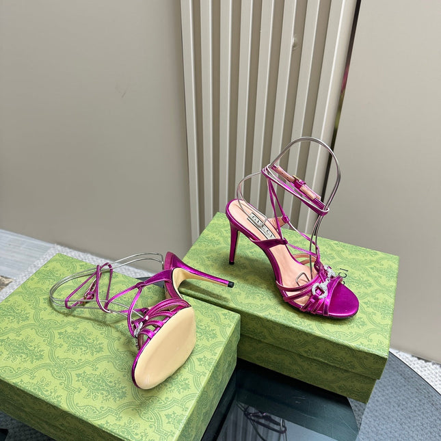 CRYSTAL HORSEBIT STRAPPY SANDAL 10.5CM IN HOT PINK PATENT LEATHER