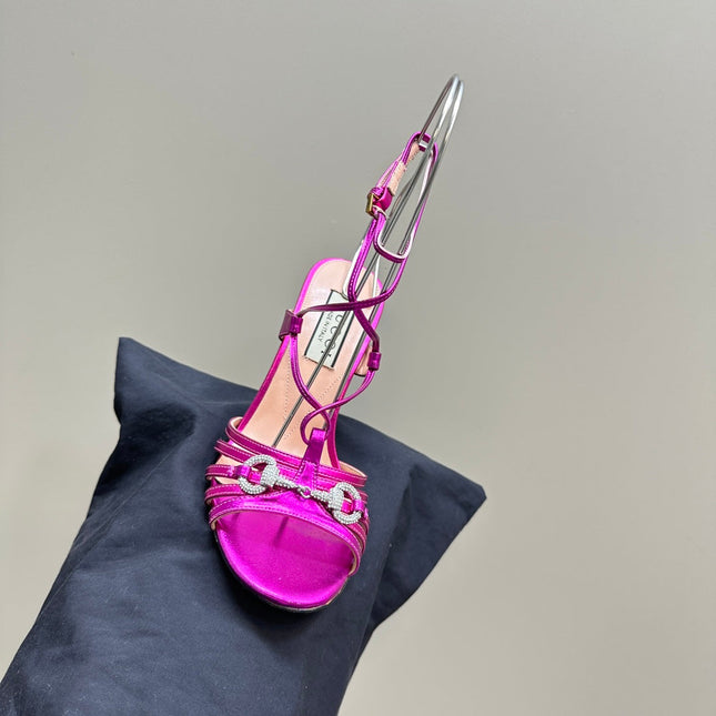CRYSTAL HORSEBIT STRAPPY SANDAL 10.5CM IN HOT PINK PATENT LEATHER