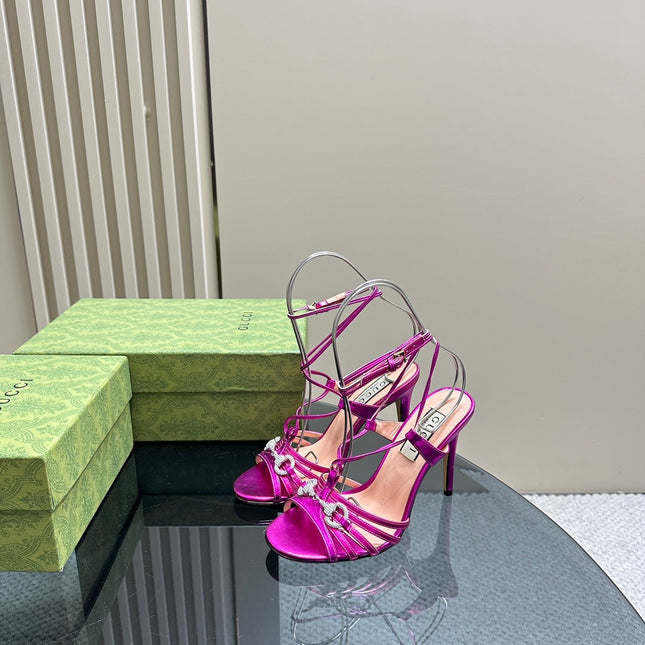 CRYSTAL HORSEBIT STRAPPY SANDAL 10.5CM IN HOT PINK PATENT LEATHER