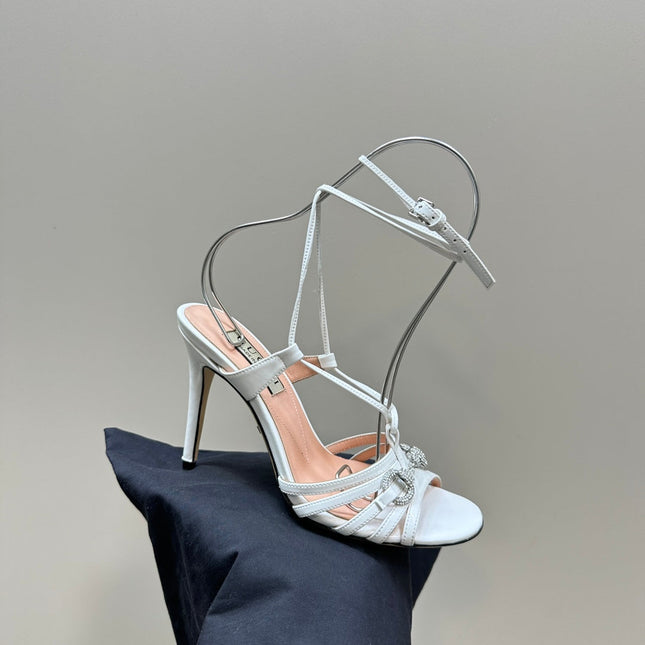 CRYSTAL HORSEBIT STRAPPY SANDAL 10.5CM IN WHITE PATENT LEATHER