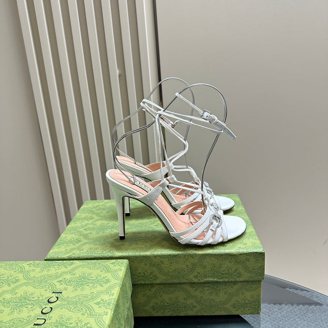 CRYSTAL HORSEBIT STRAPPY SANDAL 10.5CM IN WHITE PATENT LEATHER