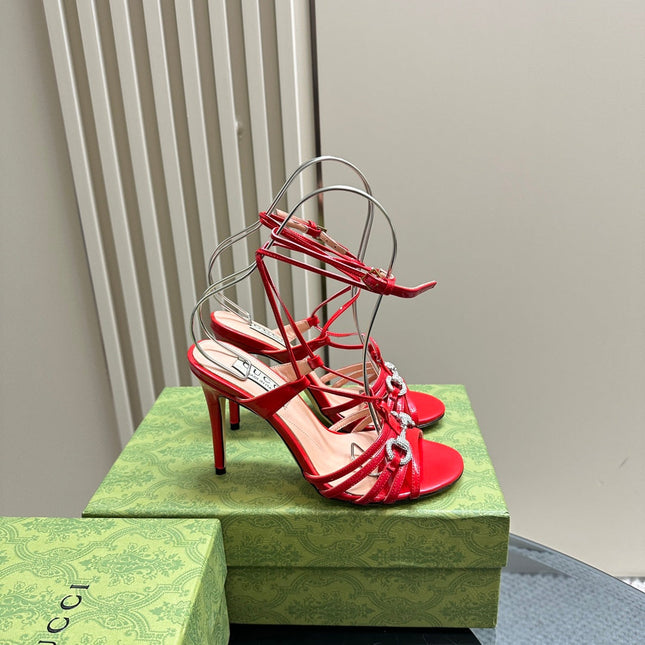 CRYSTAL HORSEBIT STRAPPY SANDAL 10.5CM IN RED PATENT LEATHER