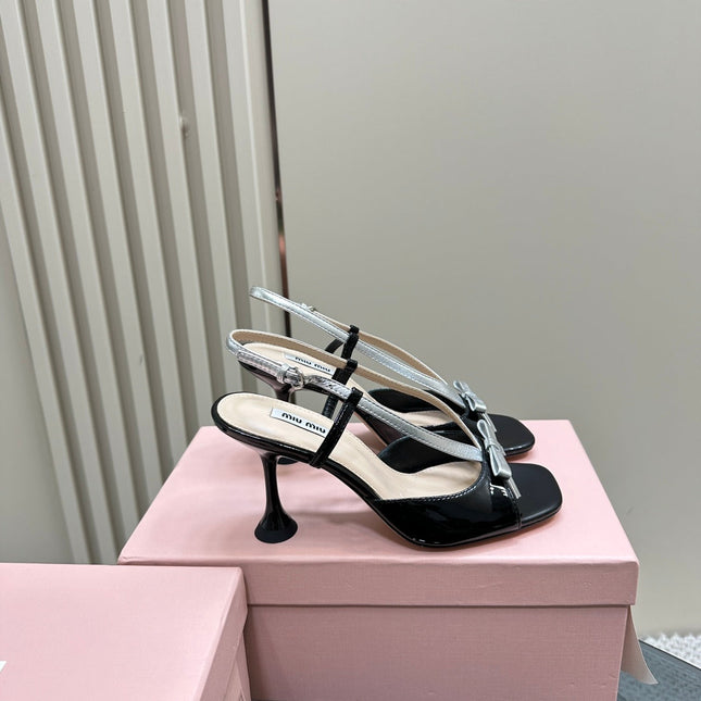 High Heels With Bows Black And Silver Sheepskin