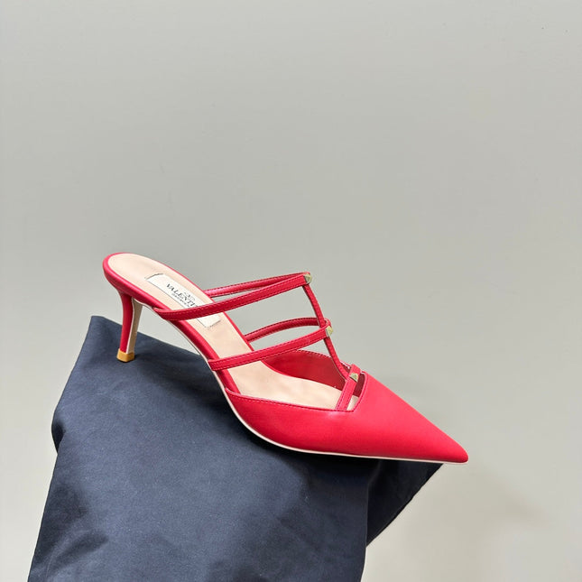 ROCKSTUD WISPY CHERRY RED CALFSKIN MULE 60MM