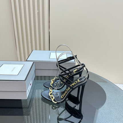 HIGH-HEELED 10 CM SANDAL IN BLACK LAMBSKIN WITH GOLD HARDWARE