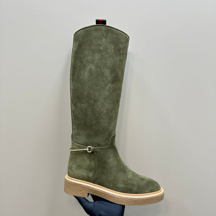 SLIM HORSEBIT KNEE BOOTS WITH WEB IN KHAKI GREEN SUEDE