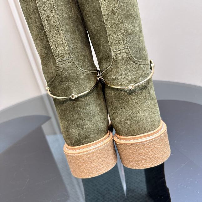 SLIM HORSEBIT KNEE BOOTS WITH WEB IN KHAKI GREEN SUEDE