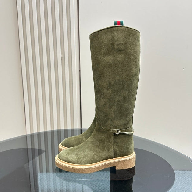 SLIM HORSEBIT KNEE BOOTS WITH WEB IN KHAKI GREEN SUEDE
