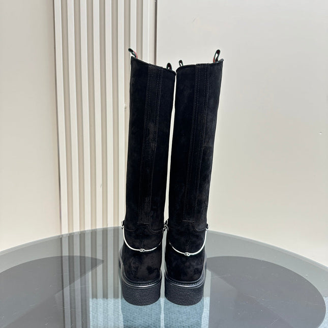 SLIM HORSEBIT KNEE BOOTS WITH WEB IN BLACK SUEDE