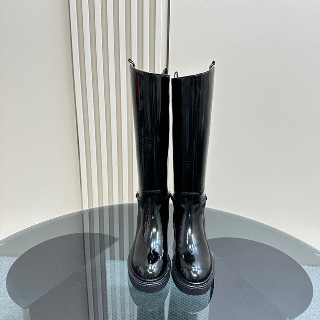 SLIM HORSEBIT KNEE BOOTS WITH WEB IN BLACK GLOSSY CALFSKIN