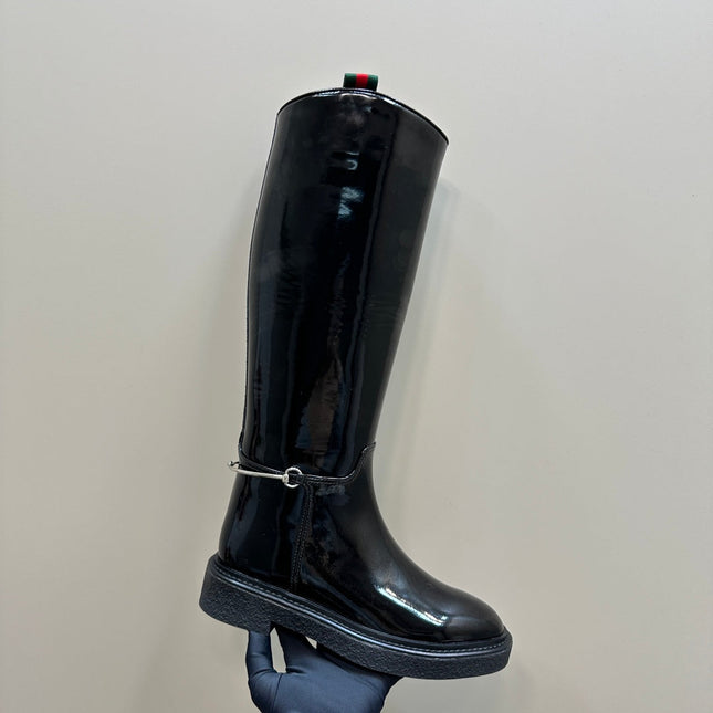 SLIM HORSEBIT KNEE BOOTS WITH WEB IN BLACK GLOSSY CALFSKIN