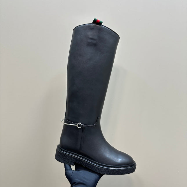 SLIM HORSEBIT KNEE BOOTS WITH WEB IN BLACK CALFSKIN