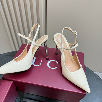 POINTED-TOE HIGH BAMBOO-EFFECT HEEL SLINGBACK IN CREAM PATENT CALFSKIN