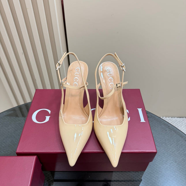 POINTED-TOE HIGH BAMBOO-EFFECT HEEL SLINGBACK IN BEIGE PATENT CALFSKIN