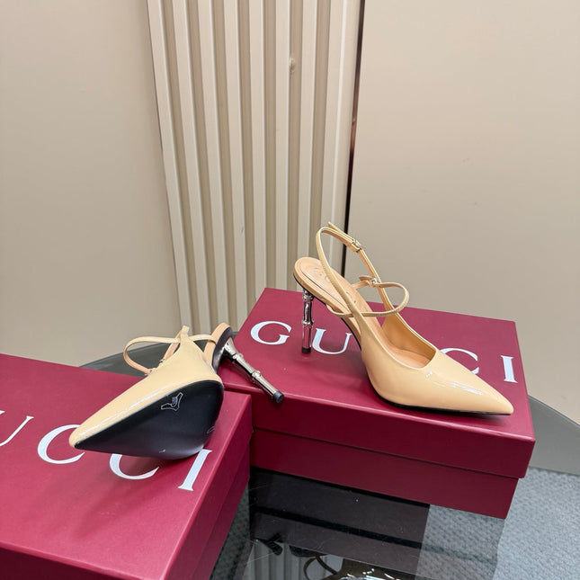 POINTED-TOE HIGH BAMBOO-EFFECT HEEL SLINGBACK IN BEIGE PATENT CALFSKIN
