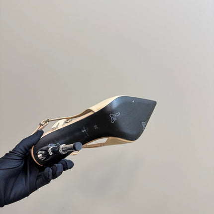 POINTED-TOE HIGH BAMBOO-EFFECT HEEL SLINGBACK IN BEIGE PATENT CALFSKIN