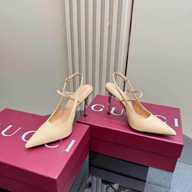 POINTED-TOE HIGH BAMBOO-EFFECT HEEL SLINGBACK IN BEIGE PATENT CALFSKIN