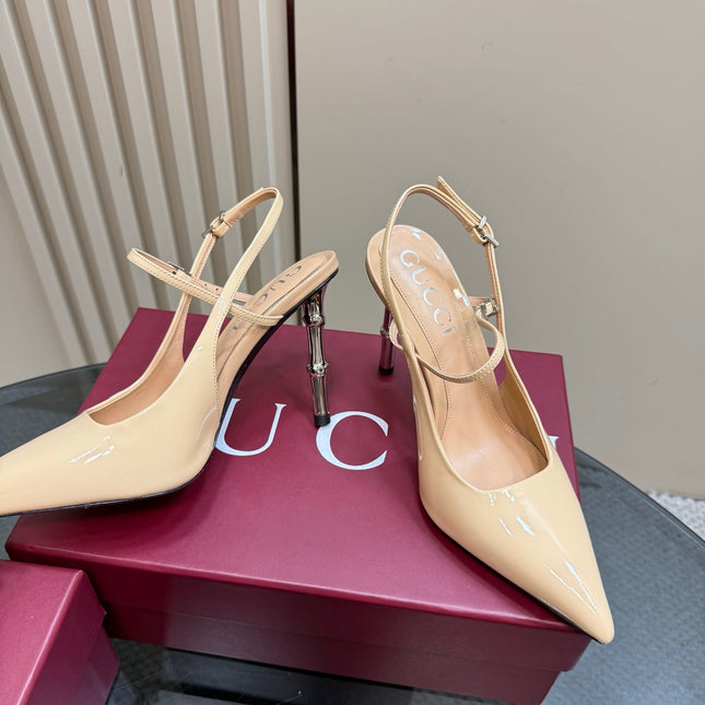 POINTED-TOE HIGH BAMBOO-EFFECT HEEL SLINGBACK IN BEIGE PATENT CALFSKIN
