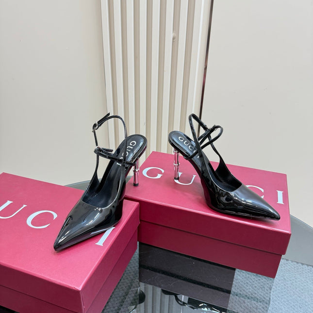 POINTED-TOE HIGH BAMBOO-EFFECT HEEL SLINGBACK IN BLACK PATENT CALFSKIN