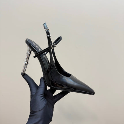 POINTED-TOE HIGH BAMBOO-EFFECT HEEL SLINGBACK IN BLACK PATENT CALFSKIN