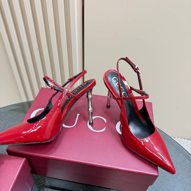 POINTED-TOE HIGH BAMBOO-EFFECT HEEL SLINGBACK IN RED PATENT CALFSKIN