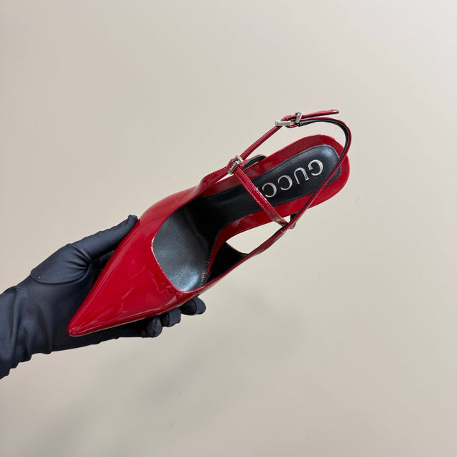 POINTED-TOE HIGH BAMBOO-EFFECT HEEL SLINGBACK IN RED PATENT CALFSKIN