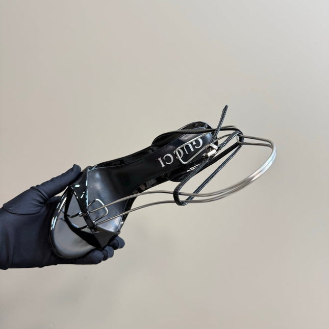 STRAP HIGH BAMBOO-EFFECT HEEL SANDAL IN BLACK PATENT CALFSKIN