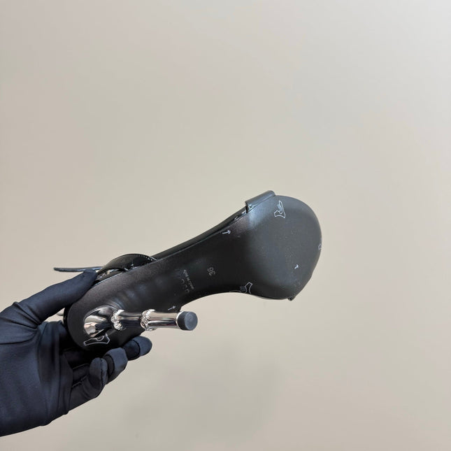 STRAP HIGH BAMBOO-EFFECT HEEL SANDAL IN BLACK PATENT CALFSKIN