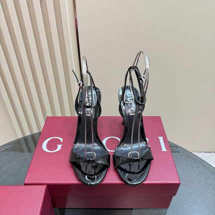 STRAP HIGH BAMBOO-EFFECT HEEL SANDAL IN BLACK PATENT CALFSKIN