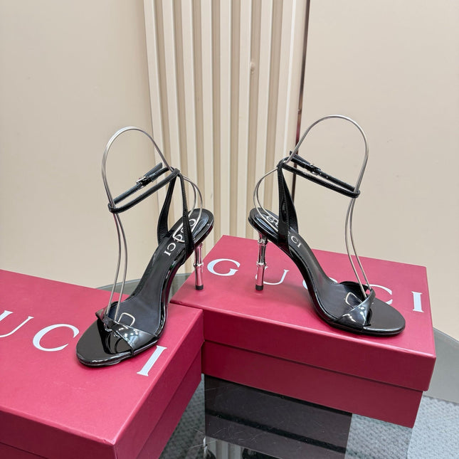 STRAP HIGH BAMBOO-EFFECT HEEL SANDAL IN BLACK PATENT CALFSKIN